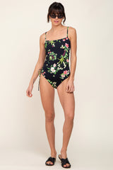 Black Floral Square Neck Side Drawstring One Piece Swimsuit