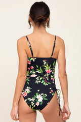 Black Floral Square Neck Side Drawstring One Piece Swimsuit