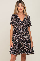 Black Floral Button Front Tiered Maternity Dress