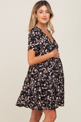 Black Floral Button Front Tiered Maternity Dress