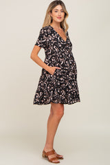 Black Floral Button Front Tiered Maternity Dress