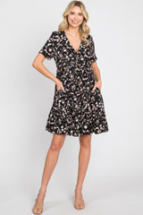 Black Floral Button Front Tiered Dress