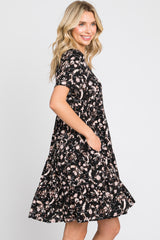 Black Floral Button Front Tiered Dress