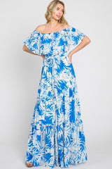 Blue Leaf Print Strapless Tiered Maternity Maxi Dress