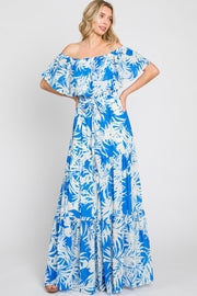 Blue Leaf Print Strapless Tiered Maxi Dress