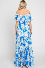 Blue Leaf Print Strapless Tiered Maxi Dress