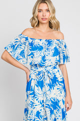 Blue Leaf Print Strapless Tiered Maxi Dress