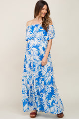 Blue Leaf Print Strapless Tiered Maternity Maxi Dress