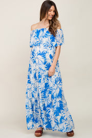 Blue Leaf Print Strapless Tiered Maternity Maxi Dress