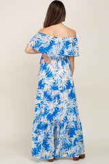 Blue Leaf Print Strapless Tiered Maternity Maxi Dress