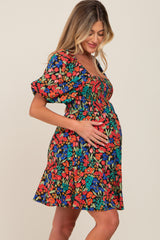 Black Multi-Color Floral Puff Sleeve Maternity Dress