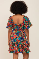 Black Multi-Color Floral Puff Sleeve Dress