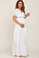 White Crepe Flounce Sleeve Tiered Maternity Maxi Dress