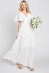 White Crepe Flounce Sleeve Tiered Maternity Maxi Dress