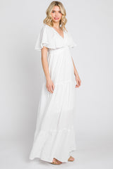 White Crepe Flounce Sleeve Tiered Maxi Dress