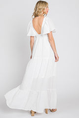 White Crepe Flounce Sleeve Tiered Maxi Dress