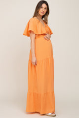 Orange Crepe Flounce Sleeve Tiered Maternity Maxi Dress