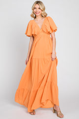 Orange Crepe Flounce Sleeve Tiered Maxi Dress