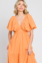 Orange Crepe Flounce Sleeve Tiered Maxi Dress