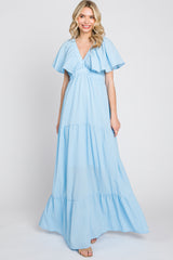 Light Blue Crepe Flounce Sleeve Tiered Maxi Dress