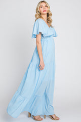 Light Blue Crepe Flounce Sleeve Tiered Maxi Dress