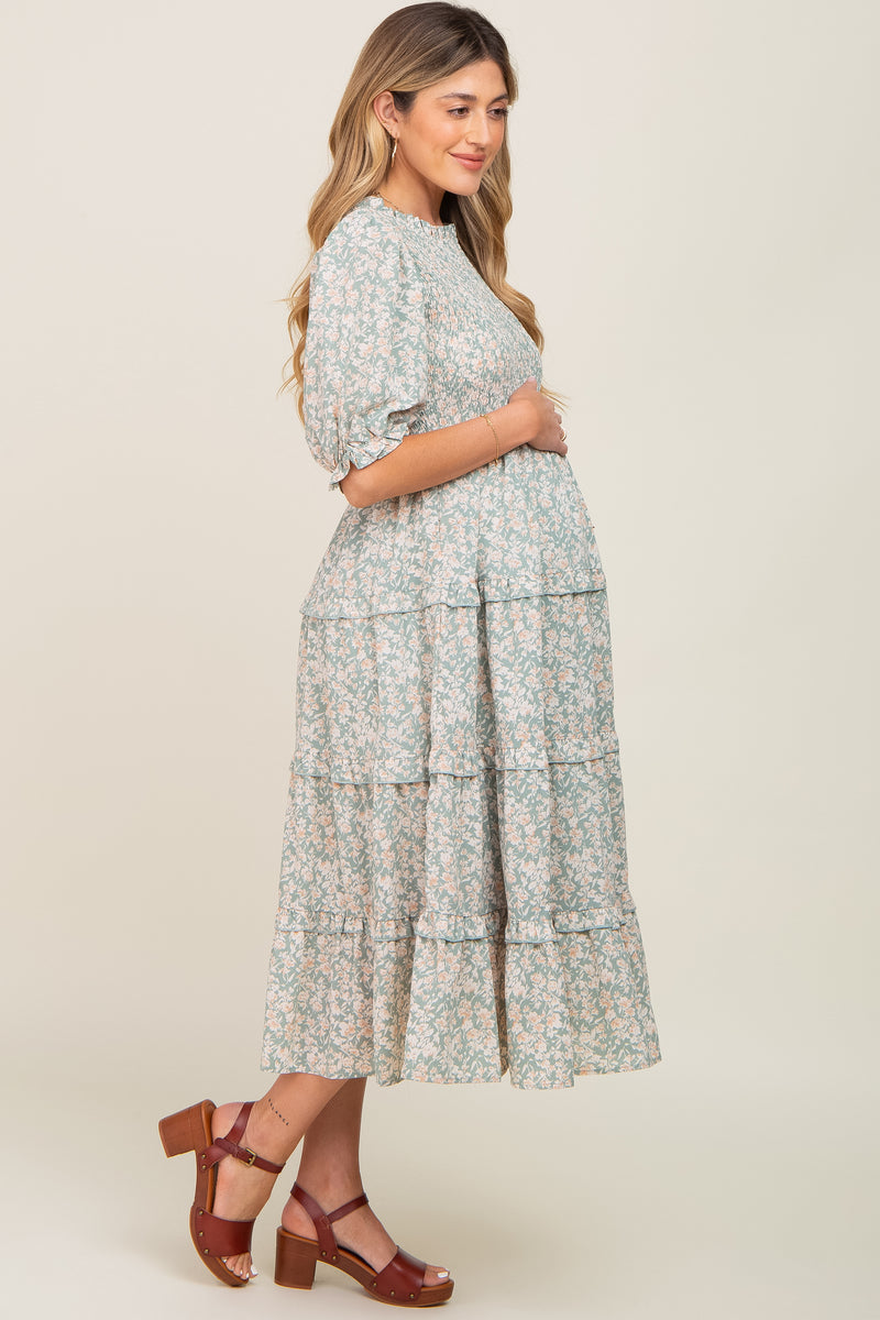 Mint Green Floral Smocked Tiered Maternity Midi Dress – PinkBlush