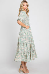 Mint Green Floral Smocked Tiered Midi Dress