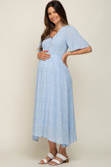 Blue Floral Button Front Smocked Flutter Sleeve Maternity Midi Dress