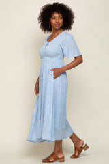 Blue Floral Button Front Smocked Flutter Sleeve Midi Dress