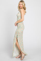 Mint Green Floral Side Slit Ruched Maxi Dress