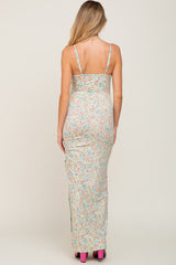 Mint Green Floral Side Slit Ruched Maternity Maxi Dress