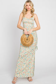 Mint Green Floral Side Slit Ruched Maxi Dress