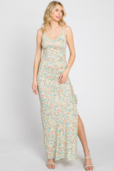 Mint Green Floral Side Slit Ruched Maxi Dress