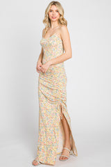 Yellow Floral Side Slit Ruched Maternity Maxi Dress