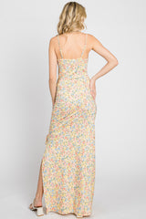 Yellow Floral Side Slit Ruched Maxi Dress