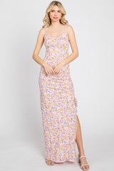 Pink Floral Side Slit Ruched Maternity Maxi Dress