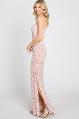 Pink Floral Side Slit Ruched Maxi Dress