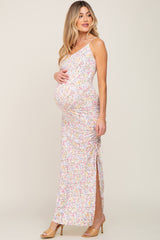 White Floral Side Slit Ruched Maternity Maxi Dress