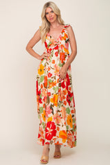 Red Floral Ruffle Accent Maxi Dress