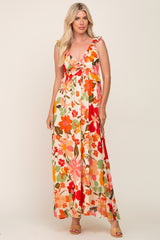 Red Floral Ruffle Accent Maxi Dress