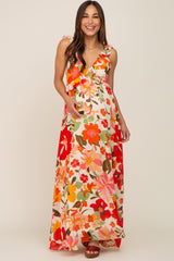 Red Floral Ruffle Accent Maternity Maxi Dress