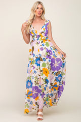 Purple Floral Ruffle Accent Maxi Dress