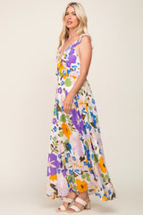 Purple Floral Ruffle Accent Maxi Dress