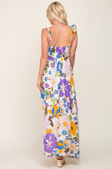 Purple Floral Ruffle Accent Maxi Dress