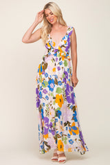 Purple Floral Ruffle Accent Maxi Dress