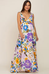 Purple Floral Ruffle Accent Maternity Maxi Dress