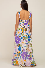 Purple Floral Ruffle Accent Maternity Maxi Dress