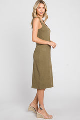 Olive Ribbed Button Front Midi Dress