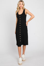 Black Ribbed Button Front Midi Dress