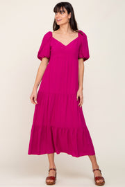 Magenta V-Neck Puff Sleeve Tiered Maxi Dress